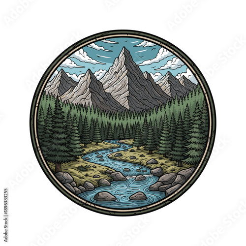 A scenic circular illustration of a winding river flowing through a dense pine forest towards majestic, snow-capped mountains under a cloudy sky.