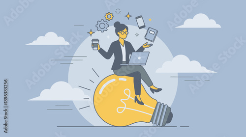 Female business leader multitasking with devices and coffee, riding a giant illuminated lightbulb among clouds, concept for innovation strategy, idea generation and business success