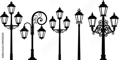 Elegant vintage street lamp silhouettes set, ornate classic urban lantern posts and decorative outdoor lighting vector illustration collection