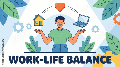 Vector illustration of a professional balancing home, work and wellness elements, concept for employee wellness, business strategy and corporate identity design