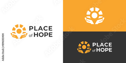 Creative simple place of hope logo template. Two hand with sun and negative space location, map, point logo design vector illustration.