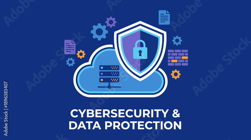 Detailed flat illustration of cloud data protection with security shield, padlock, server and firewall icons, concept for privacy campaigns, network safety training and enterprise solutions