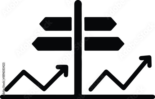 Silhouette signpost with opposing arrows and growth charts representing strategic decision illustration vector