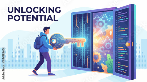 Young professional holding glowing circuit key approaching an open door displaying code, data and mechanical gears, concept for digital transformation, career advancement and potential unlocking