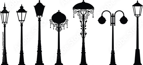 Ornate vintage street lamp silhouettes collection, decorative urban lantern posts with elegant classic outdoor lighting vector illustration