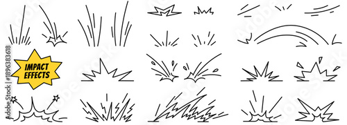 Doodle superhero impact effects. Comic elements of speed, jump, crash, action lines, explosion symbols. Hand drawn icon set in cartoon style. Vector illustration isolated on a white background.