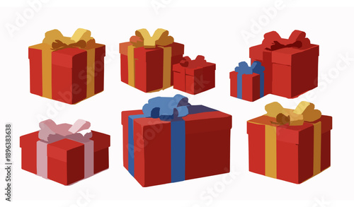 Red gift box vector set with colorful ribbons in realistic 3D style