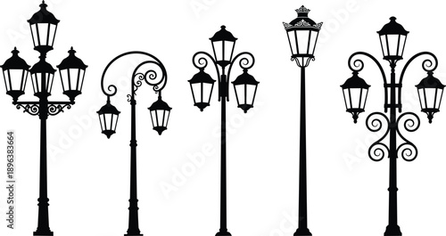 Ornate vintage street lamp silhouettes set, classic decorative urban lantern posts and retro outdoor lighting vector illustration collection