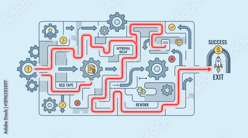 Complex process flow diagram showing the path through red tape and delays toward success, concept for workflow management, bureaucratic challenge visualization and business startup strategy