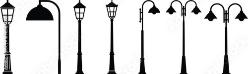Street lamp silhouette collection, modern and classic urban light poles with hanging lanterns, outdoor lighting vector illustration set