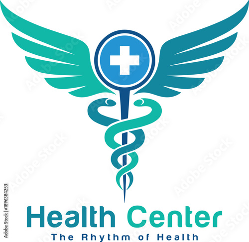 Professional health center logo with medical cross, wings and caduceus symbol designed for hospitals, clinics, healthcare services and wellness organizations branding
