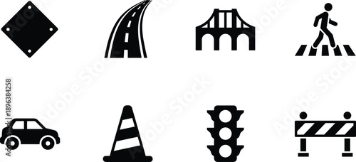 Traffic and road icon set, highway, bridge, pedestrian crossing, car, cone, signal light, construction barrier vector symbols collection