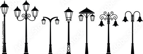 Vintage and modern street lamp silhouettes set, decorative urban lantern posts and outdoor lighting vector illustration collection