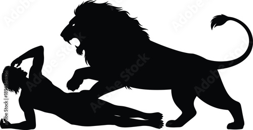 Silhouette of attacking lion threatening human symbolizing danger fear survival instinct power wildlife risk conflict