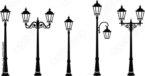 Vintage decorative street lamp silhouettes set, classic urban lantern posts and elegant outdoor lighting vector illustration collection