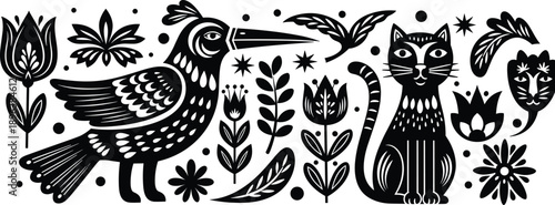 Black and White Folk Art Vector Illustration Featuring Bird Cat and Flowers in Traditional Scandinavian Style Paper Cut Design Element