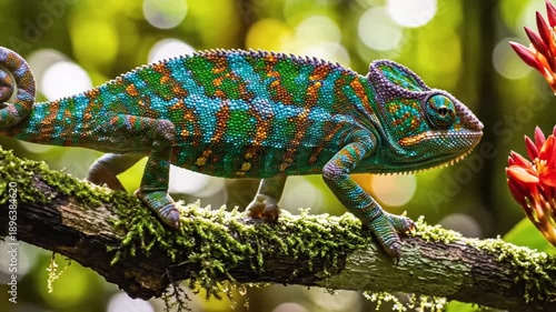 Colorful chameleon on a branch detailed view against blurred background