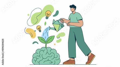 Flat design vector of an entrepreneur watering a sprout growing from a brain, symbolizing developing new ideas, concept for business strategy, intellectual growth and creative development