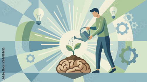 Graphic of a professional watering a plant rooted in a brain with gears and lightbulbs, representing creative idea cultivation, concept for business strategy, career development and intelligence