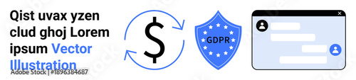 Data security, privacy protection, financial transactions, GDPR compliance, user profiles, secure communication. Blue shield with GDPR text, dollar symbol profile interface. Data security