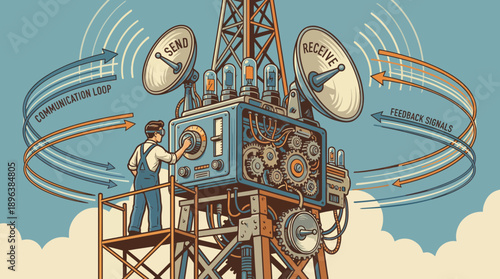 Retro illustration of an engineer operating a communication tower featuring send/receive antennas and signal loops, concept for technical development, telecom infrastructure and industrial processes