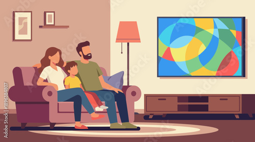 Happy family sitting on a sofa watching abstract colorful content on a smart TV in a cozy living room, concept for home entertainment, parenting resources and television marketing