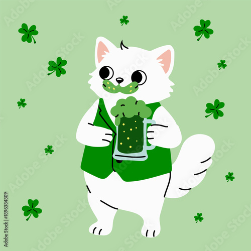 Kawaii Cat with Shamrocks Drinking Green Beer in Green Vest