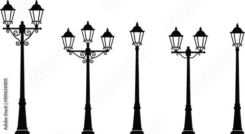 Vintage street lamp post silhouettes set, classic ornate urban lantern lighting fixtures, retro outdoor city light vector illustration