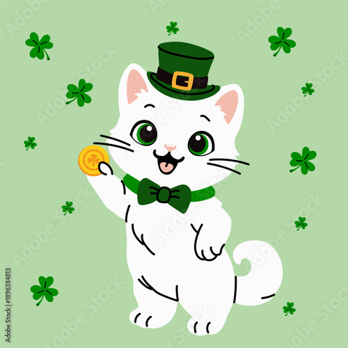 Adorable White Cat with Green Bowtie and Shamrock Holding Gold Coin