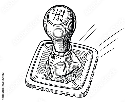 Illustration of a manual gear shift lever in a car, displaying gear positions marked R, 1-5, and reverse. The sketch conveys motion and precision.