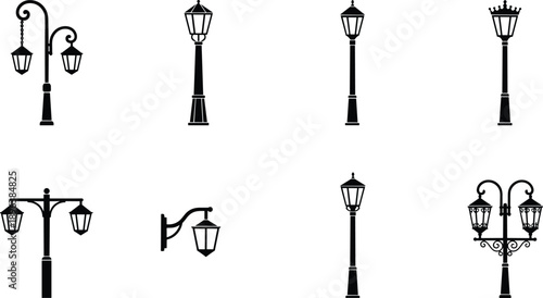 Vintage street lamp silhouette set, classic urban lantern posts and wall mounted outdoor lighting vector illustration collection
