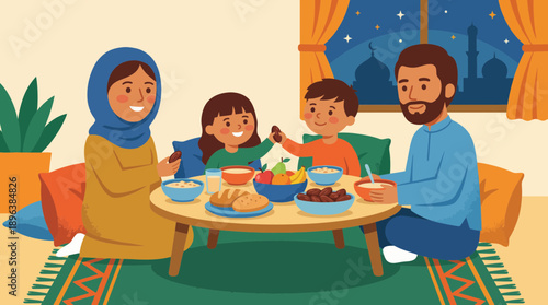 Happy Muslim family enjoying Iftar dinner at home during Ramadan, sharing dates and traditional food, concept for religious event campaign, cultural diversity promotion and holiday greeting materials