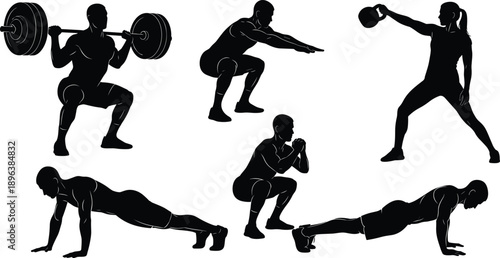 Black silhouette fitness icons set of people performing barbell squats pushups kettlebell swings and bodyweight exercises cad drawing flat vector illustration