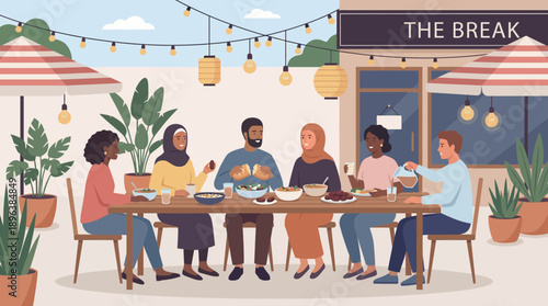Diverse group of multiracial friends enjoying Iftar or a social dinner at a cozy outdoor cafe patio, concept for community events, religious holiday marketing and restaurant dining promotions