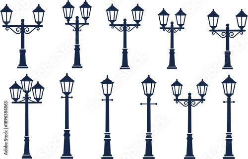 Vintage street lamp silhouettes set, classic lantern posts collection, decorative outdoor lighting icons, vector illustration isolated on light background