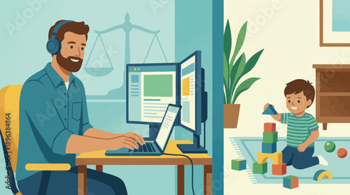 Male legal professional works remotely on dual monitors while his son plays with blocks, concept for work life balance, flexible job arrangement and modern parenting