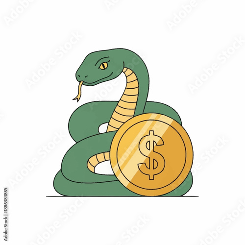 Green Snake Coiled Around a Golden Dollar Coin.