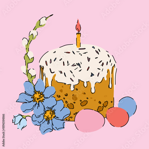 Sweet Easter Cake with a Candle and Colorful Easter Eggs