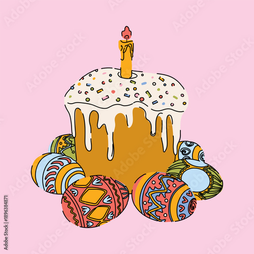 Hand Drawn Easter Cake with Candle, and Eggs