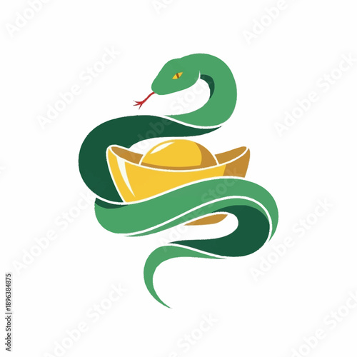 Green snake coiled around a golden ingot.
