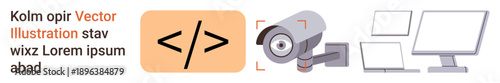 Cybersecurity, data privacy, online security, surveillance, programming, digital monitoring. Code symbol, security camera and computer monitors in one composition. Cybersecurity and data privacy