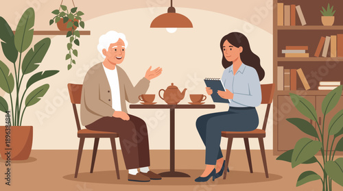 Flat vector illustration of a cheerful senior man talking to a female professional consultant indoors with plants and tea, concept for financial advice, retirement planning and counseling session