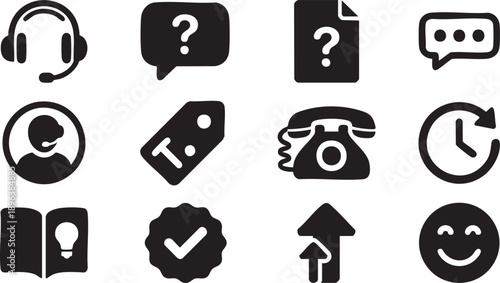 Black Customer Support and Communication Icons Set
Collection of black solid customer support and communication icons including headset, chat bubble, help document, user profile, tag, phone, clock, bo