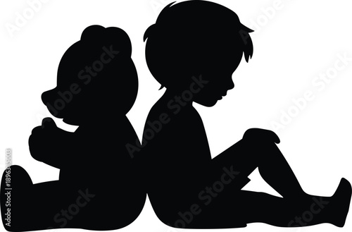 Silhouette of child reading book sitting with teddy bear representing childhood education imagination learning storytelling comfort innocence