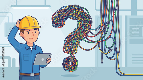 Frustrated engineer in helmet holds a tablet, facing a giant question mark made of tangled colorful wires, concept for technical problem solving, IT complexity analysis and network troubleshooting