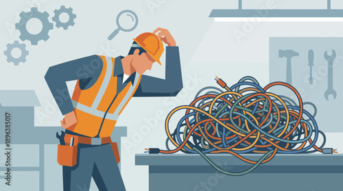 Maintenance engineer puzzled by a massive tangle of colorful electrical wires on a workbench, symbolizing complexity, concept for problem solving, technical support and troubleshooting services