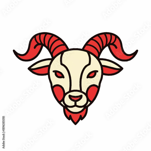 Stylized Goat Head Illustration with Red Horns and Features.