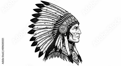 Native American Chief Headdress Profile Illustration.