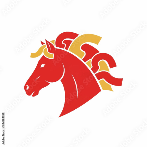 Stylized red horse head with flowing golden and red mane in a dynamic and artistic illustration.