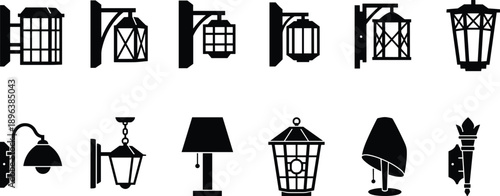 Wall mounted lantern and lamp silhouettes set, vintage outdoor sconces and decorative lighting fixtures vector illustration collection